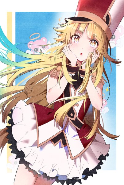Anime picture 700x1039 with bang dream! tsurumaki kokoro kongya single long hair tall image looking at viewer blush fringe open mouth blonde hair hair between eyes standing yellow eyes :o sleeveless floating hair frilly skirt hands on face girl