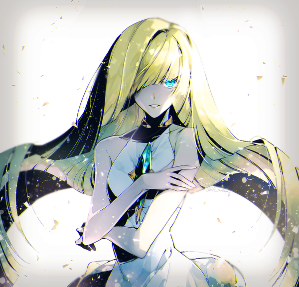 Anime picture 1000x961 with pokemon pokemon sm nintendo lusamine (pokemon) sueun single long hair looking at viewer fringe simple background blonde hair smile bare shoulders parted lips aqua eyes hair over one eye sleeveless gradient background floating hair alternate eye color