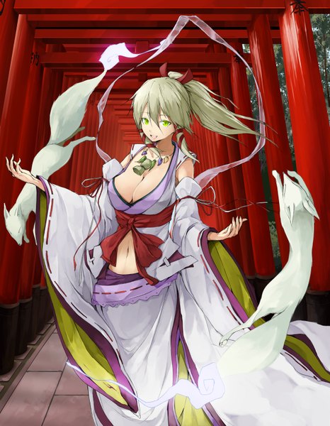 Anime picture 1154x1486 with inari konkon koi iroha production ims ukanomitama no kami solru (tyappygain) single tall image looking at viewer breasts light erotic large breasts green eyes ponytail traditional clothes japanese clothes green hair ghost girl skirt navel hair ornament