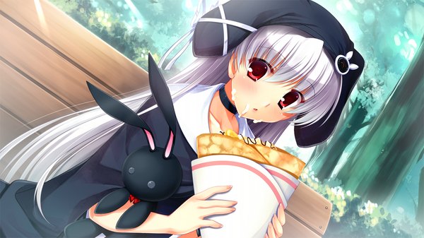 Аниме картинка 1280x720 с suika niritsu (game) длинные волосы красные глаза широкое изображение game cg белые волосы девушка шапка кролик