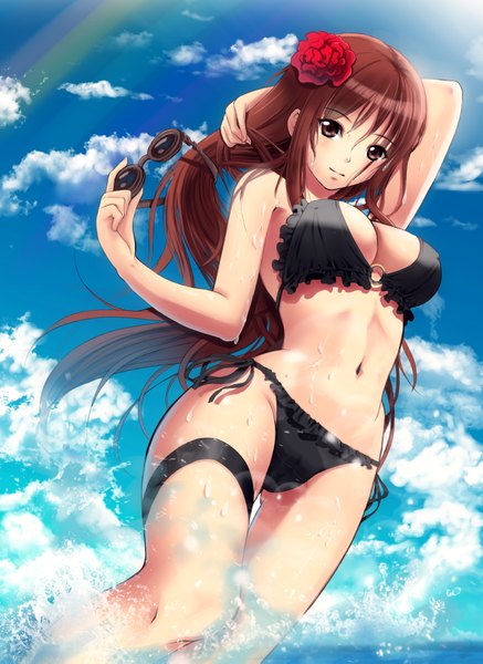 Anime picture 2480x3405 with original soyokaze single long hair tall image looking at viewer fringe highres breasts light erotic hair between eyes brown hair standing bare shoulders brown eyes cleavage hair flower bare belly bare legs from below