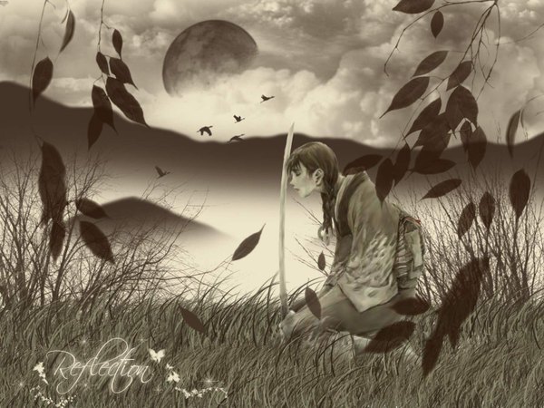 Anime picture 1600x1200 with blade of the immortal samura hiroaki single long hair cloud (clouds) braid (braids) eyes closed traditional clothes japanese clothes monochrome third-party edit girl weapon plant (plants) sword kimono leaf (leaves) grass