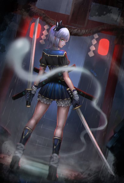 Anime picture 1300x1912 with touhou konpaku youmu myon san m single tall image looking at viewer short hair smile holding green eyes white hair pleated skirt looking back lips night short sleeves high heels puffy sleeves back