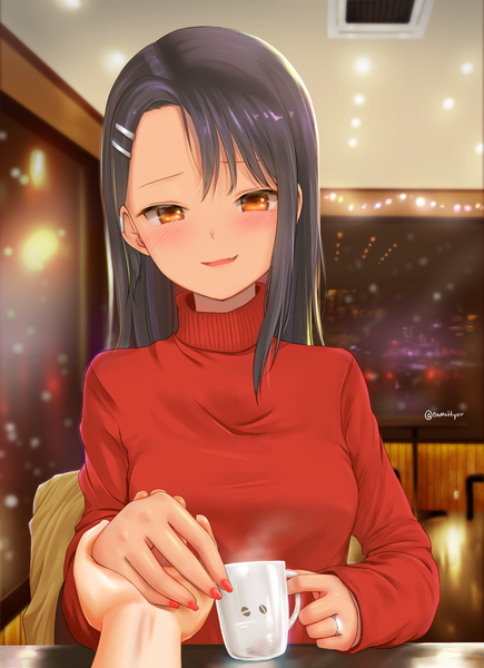Anime picture 1175x1620 with ijiranaide nagatoro-san nagatoro hayase goldowl long hair tall image looking at viewer blush breasts open mouth black hair smile sitting holding brown eyes signed upper body indoors long sleeves nail polish parted lips