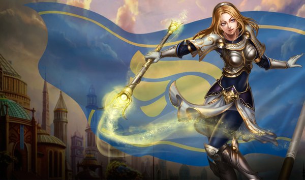 Anime picture 1215x717 with league of legends lux (league of legends) single long hair blue eyes blonde hair wide image magic girl armor