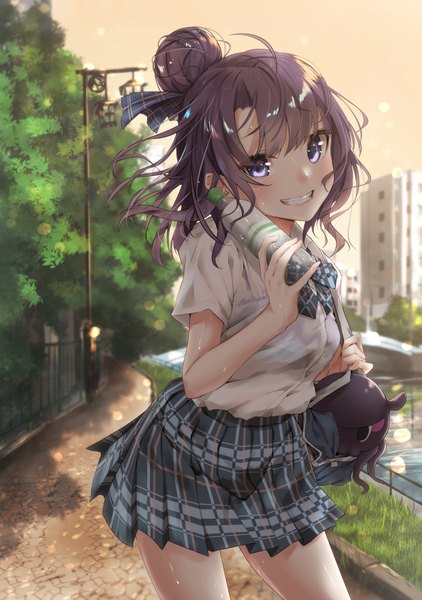 Anime picture 800x1137 with fate (series) fate/grand order katsushika hokusai (fate/grand order) tokitarou (fate/grand order) sahara386 single long hair tall image looking at viewer blush fringe smile brown hair standing purple eyes holding ahoge outdoors pleated skirt wind