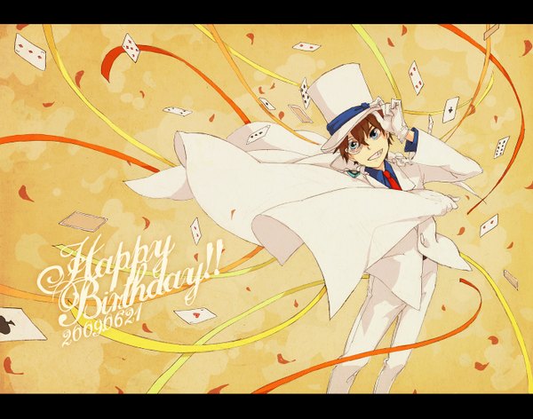 Anime picture 1412x1111 with detective conan kaito kid ni (artist) single short hair blue eyes smile brown hair from above inscription boy gloves ribbon (ribbons) petals necktie cloak suit card (cards) top hat monocle