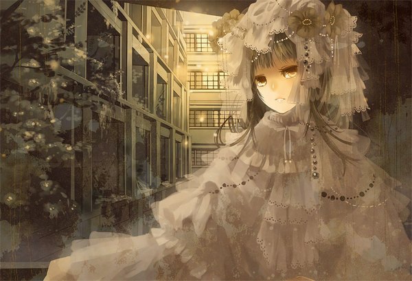 Anime picture 1126x768 with original mirusa single looking at viewer brown hair yellow eyes cityscape lolita fashion gothic girl dress hair ornament flower (flowers) plant (plants) tree (trees) window white dress building (buildings) jewelry beads
