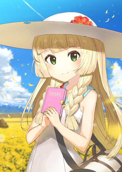 Anime-Bild 1756x2479 mit pokemon pokemon sm nintendo lillie (pokemon) akamizuki (akmzk) single long hair tall image looking at viewer blush highres blonde hair smile green eyes signed sky cloud (clouds) braid (braids) twin braids girl