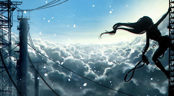Аниме картинка 1280x711 с kate-fox один (одна) длинные волосы широкое изображение небо облако (облака) вид сверху ветер солнечный свет высокие каблуки девушка провод (провода) фотоаппарат линии электропередач