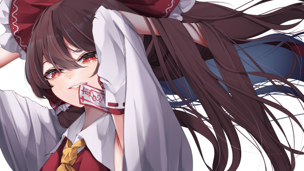 Anime picture 2688x1512 with touhou hakurei reimu tsune (tune) single long hair looking at viewer blush fringe highres simple background hair between eyes red eyes brown hair wide image white background upper body traditional clothes wide sleeves arms up floating hair