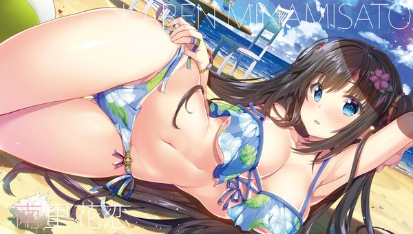 Anime picture 3618x2048 with 29 to jk minamisato karen yan-yam single long hair looking at viewer blush fringe highres breasts open mouth blue eyes light erotic black hair wide image large breasts absurdres lying arm up hair flower