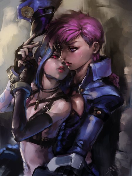 Anime picture 1200x1600 with league of legends jinx (league of legends) vi (league of legends) phantom (ptcrow) long hair tall image short hair red eyes purple eyes multiple girls blue hair pink hair lips hug shoujo ai hug from behind almost kiss girl gloves uniform