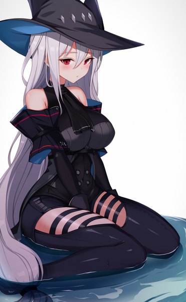 Anime picture 2332x3767 with arknights skadi (arknights) ateoyh single tall image looking at viewer blush fringe highres breasts simple background hair between eyes red eyes large breasts white background sitting bare shoulders looking away silver hair bent knee (knees)