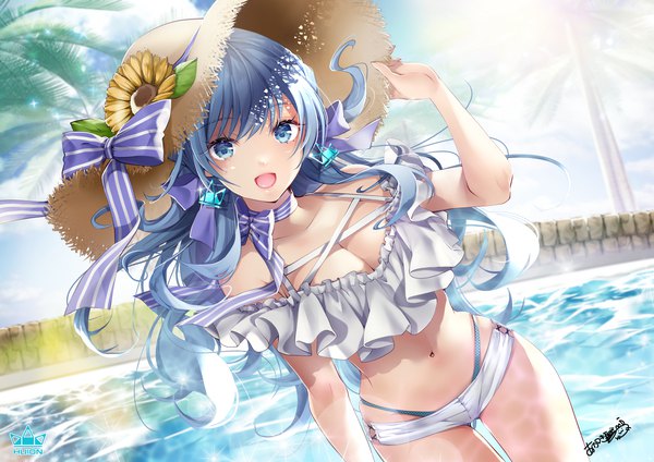 Anime picture 1500x1061 with original huion akatsuki hijiri single long hair looking at viewer blush fringe breasts open mouth blue eyes light erotic large breasts standing signed blue hair sky cleavage cloud (clouds) sunlight