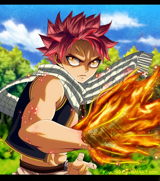 Anime picture 900x1015 with fairy tail natsu dragneel kyuubii9 single tall image short hair yellow eyes pink hair sky cloud (clouds) sleeveless coloring magic muscle boy plant (plants) tree (trees) scarf fire