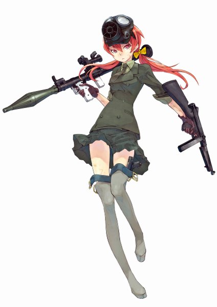 Anime picture 849x1200 with original risou (maeda risou) single long hair tall image looking at viewer simple background white background twintails low twintails girl gloves uniform bow weapon hair bow gun thigh boots military uniform pistol