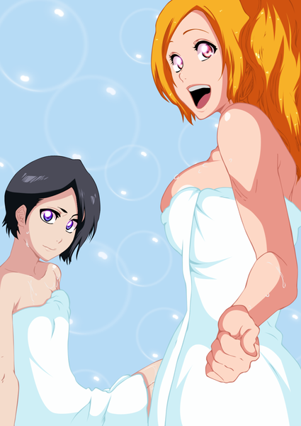 Anime picture 1200x1694 with bleach studio pierrot kuchiki rukia inoue orihime gold-mk long hair tall image short hair breasts open mouth light erotic black hair smile large breasts purple eyes bare shoulders multiple girls pink eyes looking back orange hair