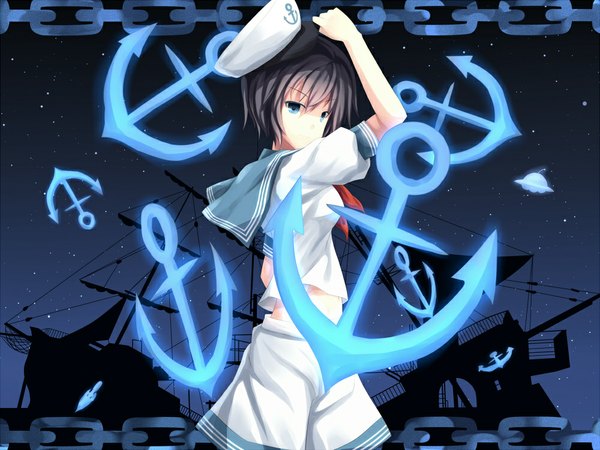 Anime picture 1000x750 with touhou murasa minamitsu samegami single short hair blue eyes black hair girl sailor suit peaked cap anchor