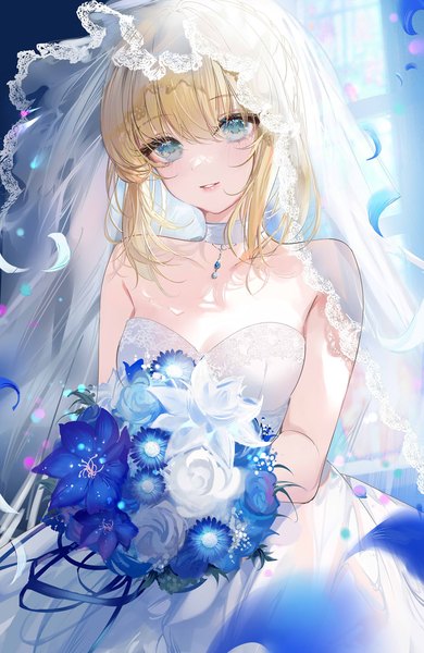 Anime picture 975x1500 with fate (series) fate/stay night artoria pendragon (all) saber kinokohime single tall image looking at viewer fringe short hair blue eyes blonde hair hair between eyes standing bare shoulders parted lips girl dress flower (flowers) petals