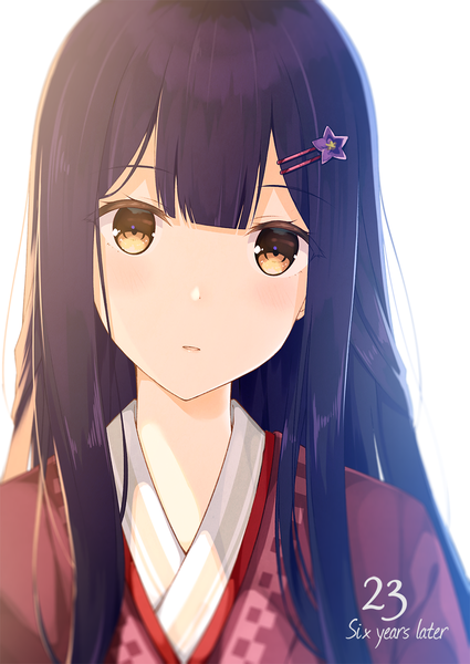 Anime picture 877x1239 with virtual youtuber nijisanji shizuka rin taiyaki (astre) single long hair tall image looking at viewer blush fringe black hair simple background white background yellow eyes payot upper body parted lips head tilt text english