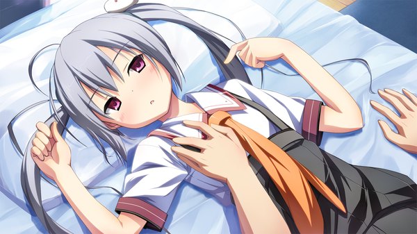 Anime picture 1280x720 with material brave giga kamine mashiro kikuchi seiji long hair blush wide image twintails game cg lying pink eyes grey hair loli girl uniform school uniform necktie