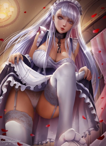 Anime picture 1129x1550 with azur lane belfast (azur lane) turewindwalker single long hair tall image looking at viewer fringe breasts blue eyes light erotic large breasts standing signed payot silver hair bent knee (knees) indoors braid (braids) realistic