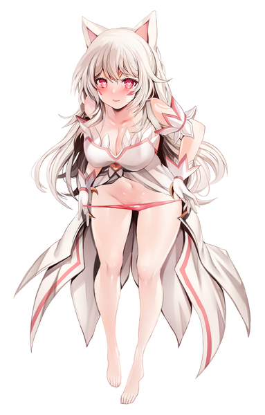 Anime picture 1600x2504 with elsword eve (elsword) zerocat single long hair tall image looking at viewer blush fringe breasts light erotic simple background large breasts standing white background cleavage silver hair full body pink eyes barefoot