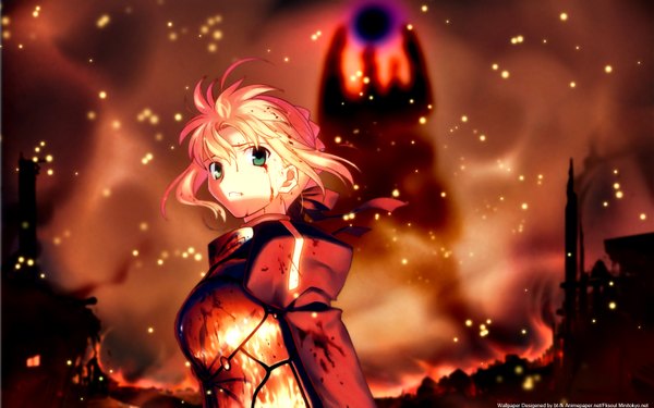 Anime picture 1680x1050 with fate (series) fate/stay night fate/zero studio deen type-moon artoria pendragon (all) saber single short hair blonde hair wide image green eyes signed outdoors looking back third-party edit blood on face ruins girl ribbon (ribbons)