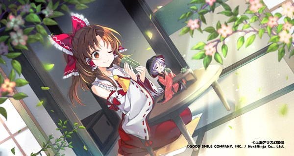 Anime picture 1885x1000 with touhou hakurei reimu sukuna shinmyoumaru juna long hair highres short hair brown hair wide image multiple girls brown eyes purple hair indoors eyes closed traditional clothes japanese clothes one eye closed official art half updo ^ ^
