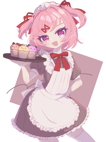 Anime-Bild 1000x1333 mit doki doki literature club natsuki (doki doki literature club) anzen robo (474zz) single tall image looking at viewer blush short hair open mouth simple background smile standing holding pink hair head tilt :d pink eyes short sleeves maid fang (fangs)