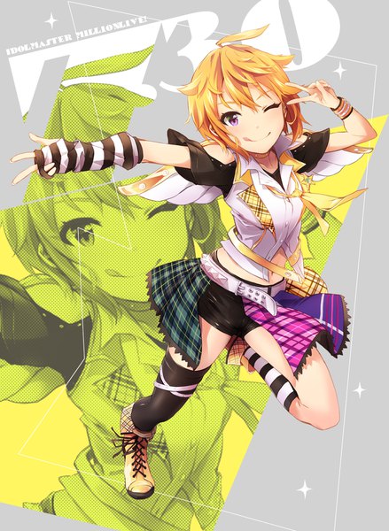 Anime picture 1317x1800 with idolmaster idolmaster million live! idolmaster million live! theater days ibuki tsubasa yoshito (u10) single tall image looking at viewer fringe short hair blonde hair hair between eyes purple eyes full body ahoge one eye closed wink copyright name outstretched arm victory