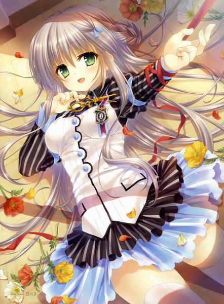 Anime picture 2581x3500 with original tatekawa mako single long hair tall image blush highres open mouth green eyes silver hair girl thighhighs dress flower (flowers) white thighhighs
