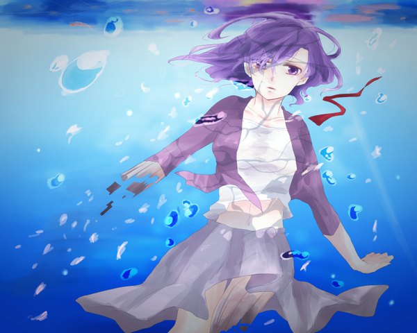 Anime picture 1500x1200 with fate/stay night studio deen matou sakura single long hair looking at viewer open mouth purple eyes purple hair open clothes open jacket underwater girl dress skirt ribbon (ribbons) water jacket bubble (bubbles)