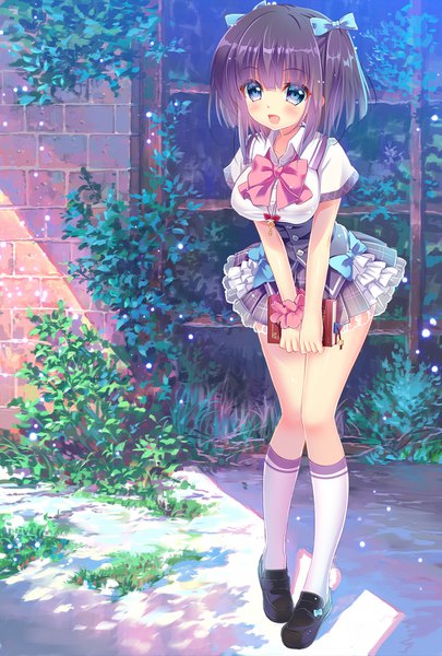 Anime picture 1014x1500 with original pon (ichi rin) single tall image looking at viewer blush fringe short hair breasts blue eyes black hair large breasts standing twintails holding full body outdoors pleated skirt sunlight shadow