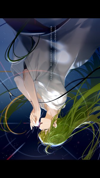 Anime-Bild 750x1334 mit fate (series) fate/strange fake enkidu (fate) rrr (reason) single tall image open mouth eyes closed very long hair profile green hair floating hair text letterboxed upside down androgynous boy