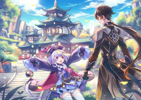 Anime picture 2500x1771 with genshin impact zhongli (genshin impact) qiqi (genshin impact) zoff (daria) fringe highres open mouth black hair hair between eyes standing purple eyes payot looking away sky silver hair cloud (clouds) ahoge outdoors braid (braids) very long hair