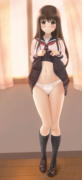 Anime picture 1655x3600 with original yurugumo single long hair tall image looking at viewer blush fringe breasts light erotic smile hair between eyes brown hair standing holding brown eyes full body indoors long sleeves pleated skirt