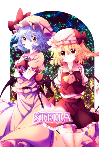 Anime picture 1000x1488 with touhou flandre scarlet remilia scarlet riichu tall image looking at viewer short hair blonde hair red eyes multiple girls blue hair girl thighhighs dress skirt bow 2 girls white thighhighs wings bonnet