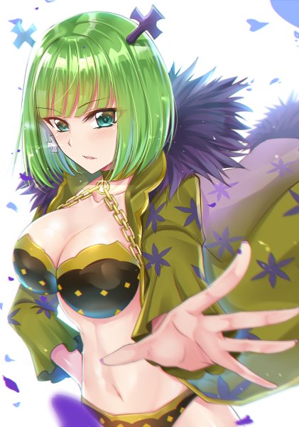 Anime picture 3483x4960 with fairy tail brandish mu gu li single tall image looking at viewer blush fringe highres short hair breasts light erotic large breasts white background absurdres cleavage upper body blunt bangs parted lips aqua eyes