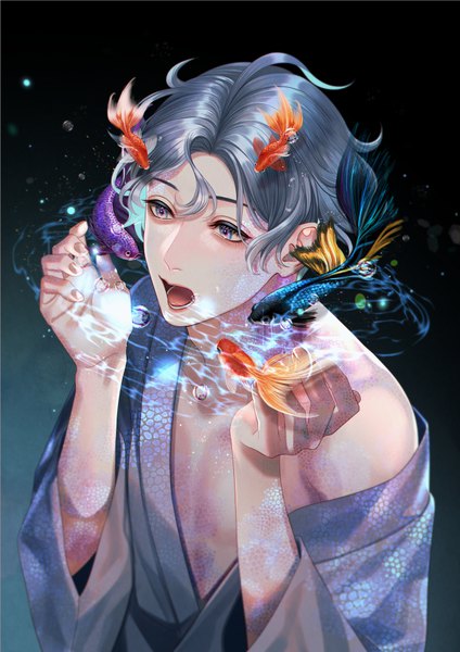 Anime picture 650x919 with original kurayoshi samu (sum) kurakichi36 single tall image fringe short hair open mouth blue eyes simple background hair between eyes bare shoulders looking away upper body traditional clothes japanese clothes grey hair off shoulder wide sleeves dark background