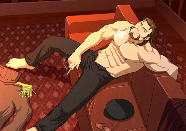 Anime picture 1273x900 with valkyria chronicles radi jaeger brown hair sitting one eye closed barefoot wink topless muscle boy glasses couch cap cigarette beard mustache zelo-lee
