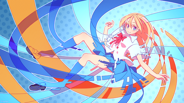Anime picture 1920x1080 with original shapoco single long hair looking at viewer fringe highres blue eyes blonde hair smile hair between eyes wide image full body bent knee (knees) wallpaper shoes removed dissolving dissolving clothes girl skirt