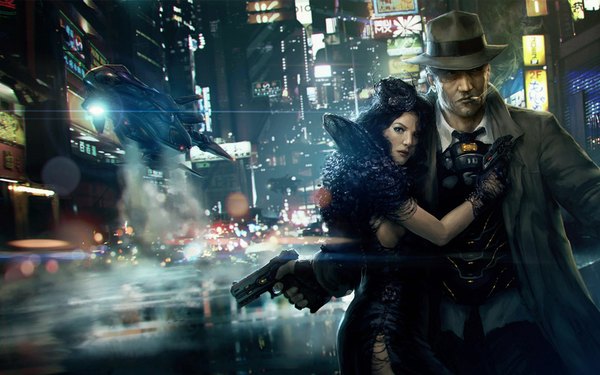 Anime picture 1680x1050 with original omen2501 black hair wide image night couple city smoking science fiction girl boy gloves weapon hat gun aircraft escape from neoncity