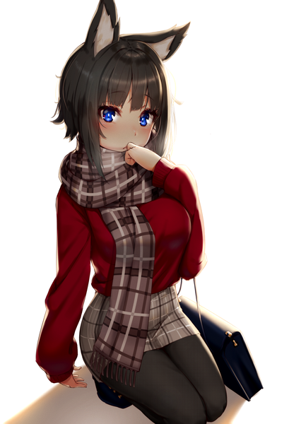 Anime picture 1022x1500 with original reinama single tall image looking at viewer blush fringe short hair breasts blue eyes black hair simple background white background animal ears payot blunt bangs long sleeves cat ears kneeling plaid skirt