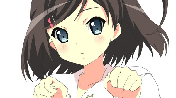 Anime picture 1600x896 with hentai ouji to warawanai neko j.c. staff tsutsukakushi tsukiko single blush short hair blue eyes black hair wide image white background one side up girl hair ornament ribbon (ribbons) hair ribbon shirt hairclip