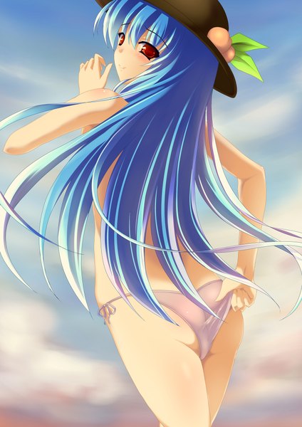 Anime-Bild 1444x2042 mit touhou hinanawi tenshi negamaro tall image blush light erotic smile red eyes blue hair girl underwear panties hat