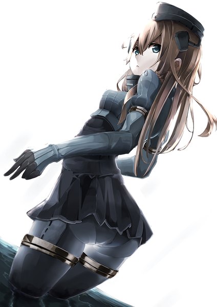 Anime picture 800x1131 with kantai collection u-511 submarine dee (fire2332) single long hair tall image looking at viewer fringe blue eyes brown hair ass looking back from behind partially submerged girl dress gloves uniform hat pantyhose