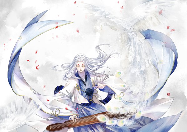 Anime picture 2000x1414 with onmyoji bingxiaojian single long hair highres yellow eyes silver hair white hair traditional clothes japanese clothes horn (horns) pointy ears fur trim eyebrows playing instrument boy animal petals kimono bird (birds)