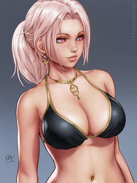 Anime-Bild 600x800 mit original chloe (sciamano240) sciamano240 single long hair tall image blush fringe breasts light erotic simple background large breasts standing bare shoulders signed payot looking away pink hair upper body ponytail